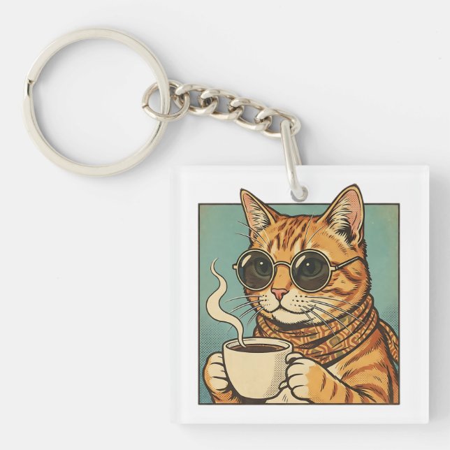 Cool Cat Coffee Retro Style Design for Cat Lovers Key Ring (Front)