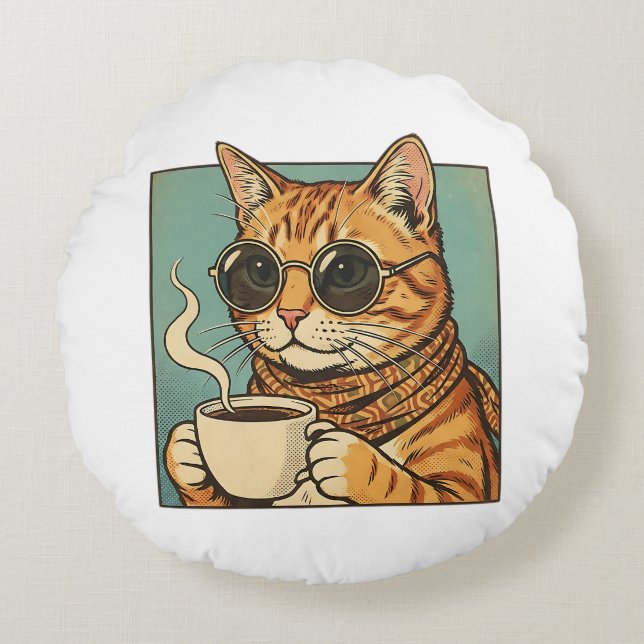 Cool Cat Coffee Retro Style Design for Cat Lovers Round Cushion (Front)