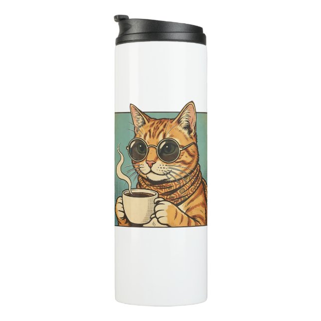Cool Cat Coffee Retro Style Design for Cat Lovers Thermal Tumbler (Rotated Right)