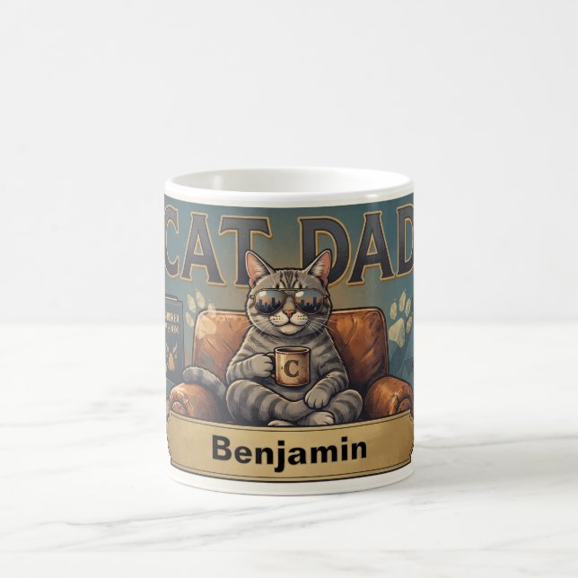 Cool Cat Dad Retro Coffee with Custom Name Mug (Center)