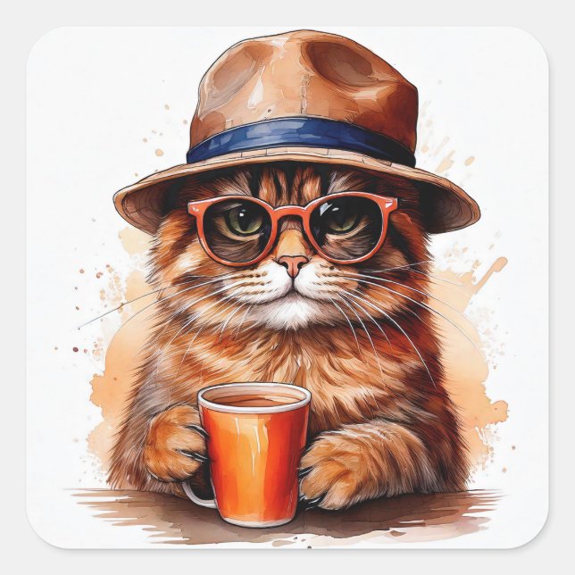 Cool Cat Drinking Coffee Square Stickers (Front)