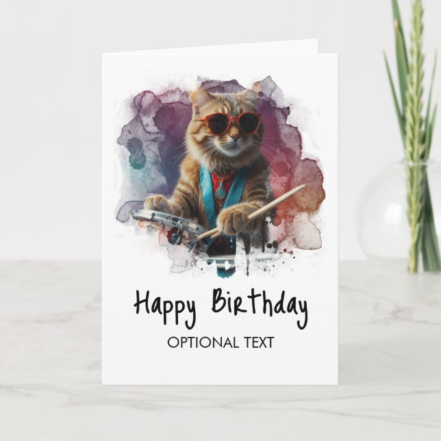 *~*Cool Cat DRUMMER AP91  Hip Birthday Card (Front)