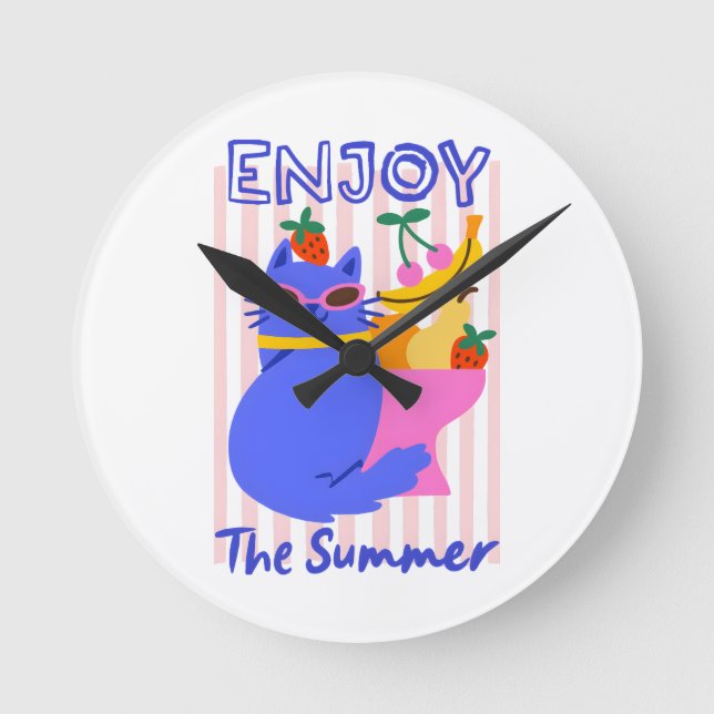 Cool Cat Enjoying the Summer Round Clock (Front)