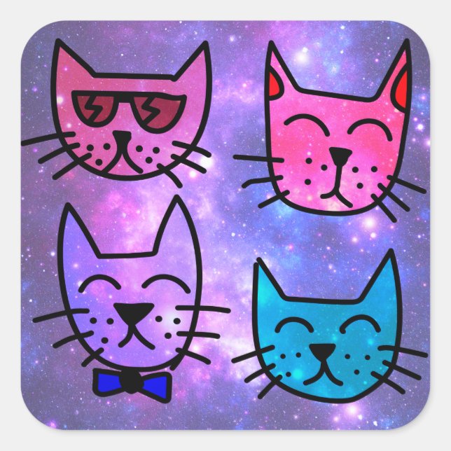 Cool Cat Faces on a Space Background Square Sticker (Front)