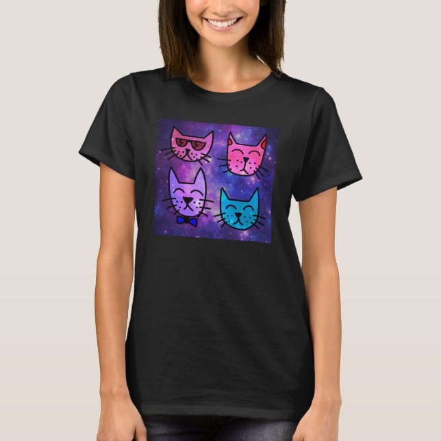 Cool Cat Faces on a Space Background T-Shirt (Front)