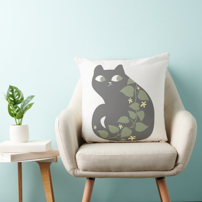 Cool Cat Green Yellow Flowers Leaves Retro Pillow (Chair)