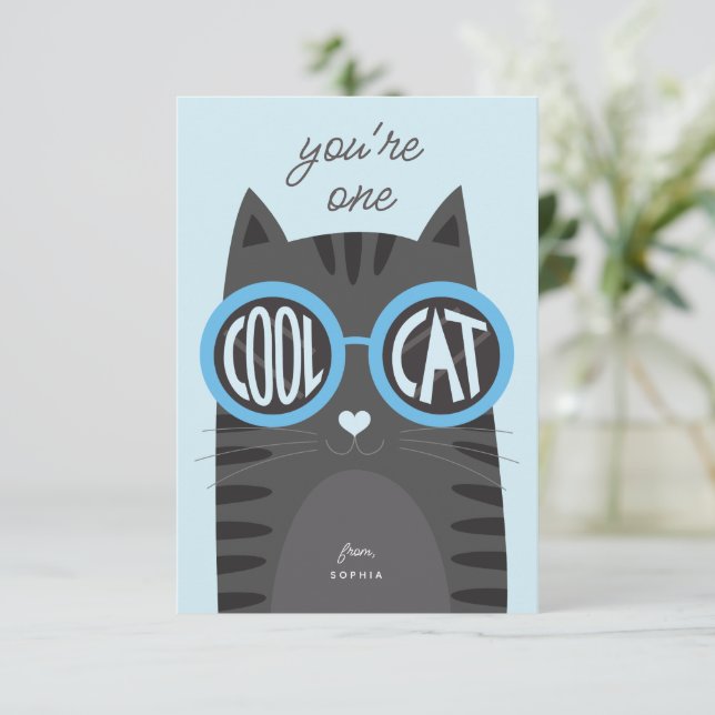 Cool Cat Grey Valentine's day Card_blue Invitation (Standing Front)
