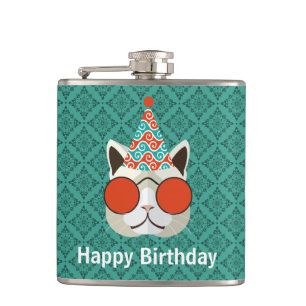 Cool Cat Happy Birthday Hip Flask