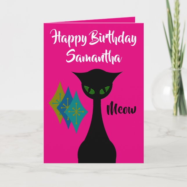 Cool Cat Mid-Century-Modern Personalised Birthday Card (Front)