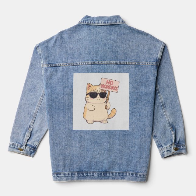 Cool Cat No Mondays Esthetic Meme Denim Jacket (Back)