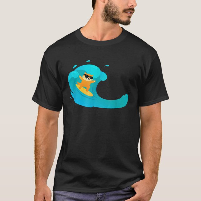 Cool Cat On Surfboard Riding Wave T-Shirt (Front)