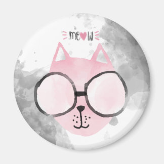 Cool Cat Pink Watercolor Meow Magnet