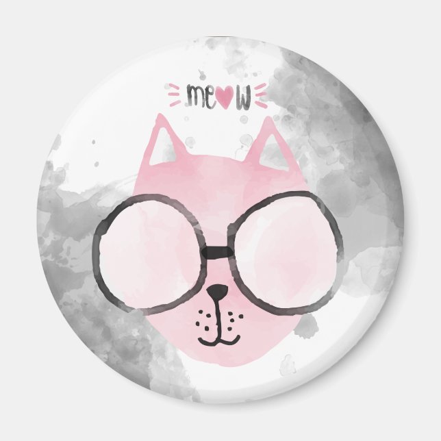 Cool Cat Pink Watercolor Meow Magnet (Front)