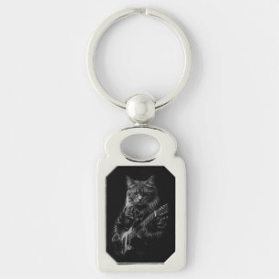 Cool Cat Playing Electric Guitar Key Ring