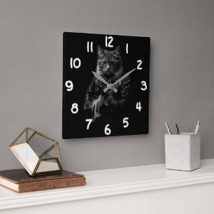 Cool Cat Playing Electric Guitar Square Wall Clock