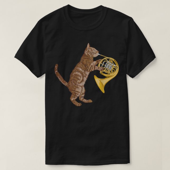Cool Cat Playing French Horn Musician Orchestra Mu T-Shirt (Design Front)
