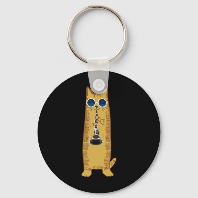 Cool Cat Playing The Clarinet Design Hippy Hipster Key Ring (Front)