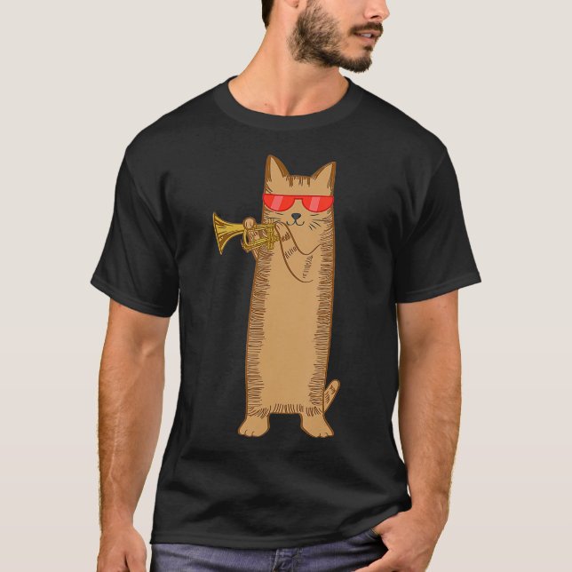 Cool Cat Playing The Trumpet Wearing Sunglasses T-Shirt (Front)