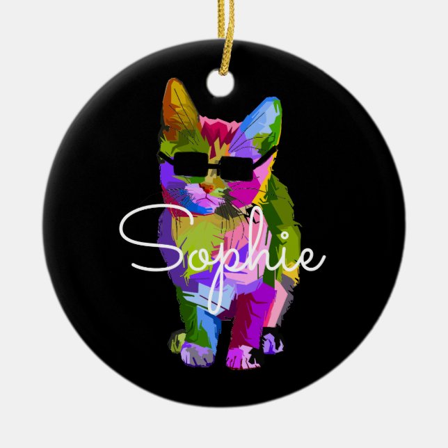 Cool Cat pop art with sunglasses name gift Ceramic Tree Decoration (Front)