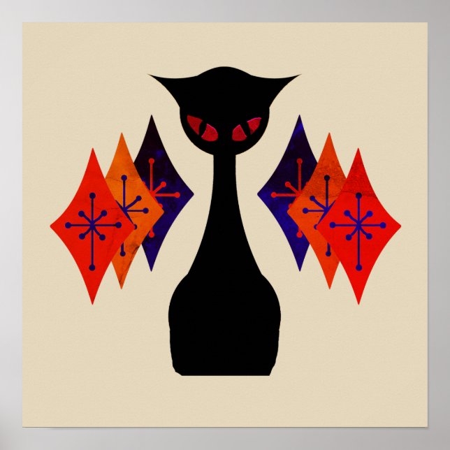 Cool Cat Red Eye Mid Century Retro Art Poster (Front)