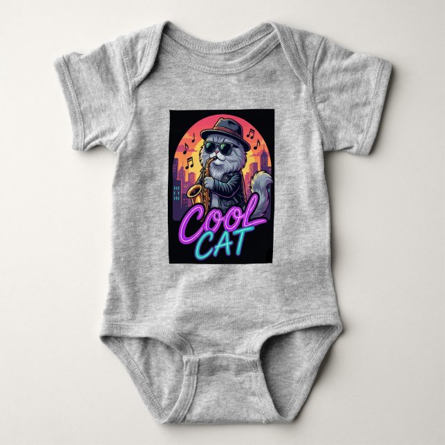 Cool Cat Saxophone – Retro Neon 90s Jazz Cat Desig Baby Bodysuit (Front)