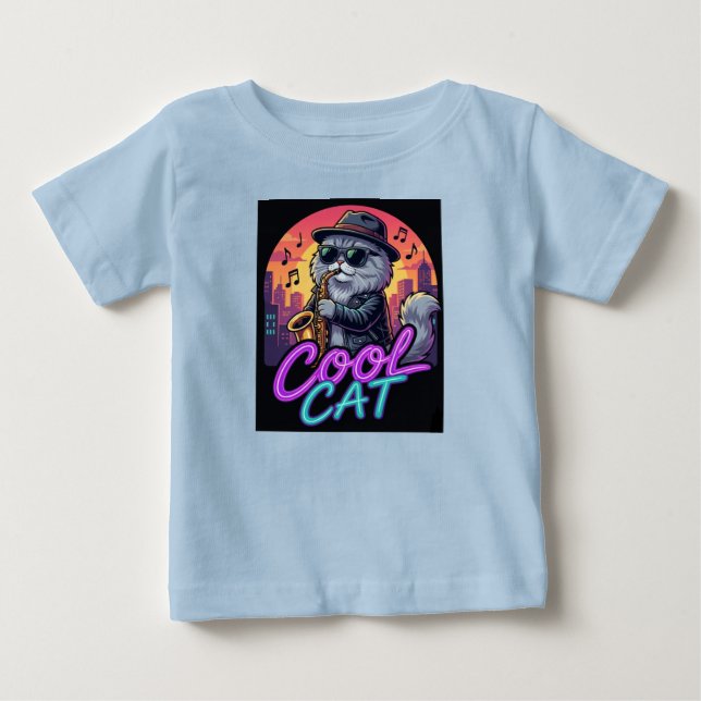 Cool Cat Saxophone – Retro Neon 90s Jazz Cat Desig Baby T-Shirt (Front)
