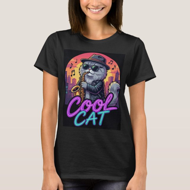 Cool Cat Saxophone –Retro Neon 90s Jazz Cat Design T-Shirt (Front)