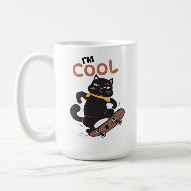 Cool Cat Skateboard – Funny Black Cat Illustration Coffee Mug (Left)