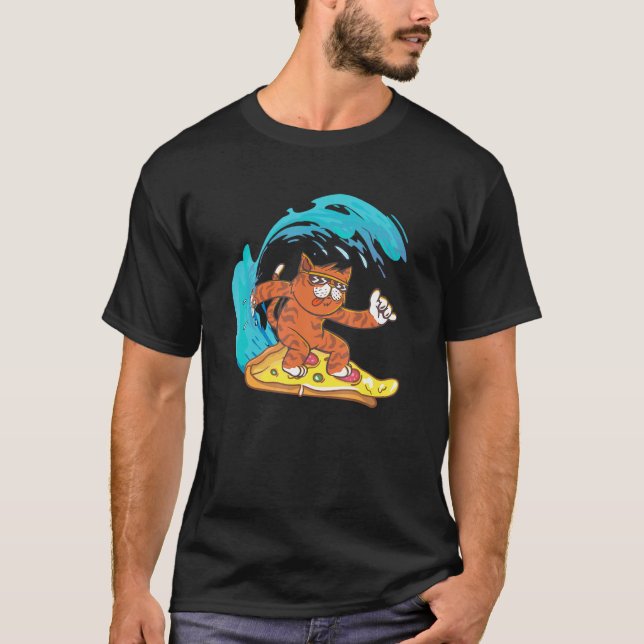 Cool Cat Surfing On A Pizza Slice  Meme T-Shirt (Front)