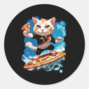 Cool Cat Surfing On Pizza Classic Round Sticker