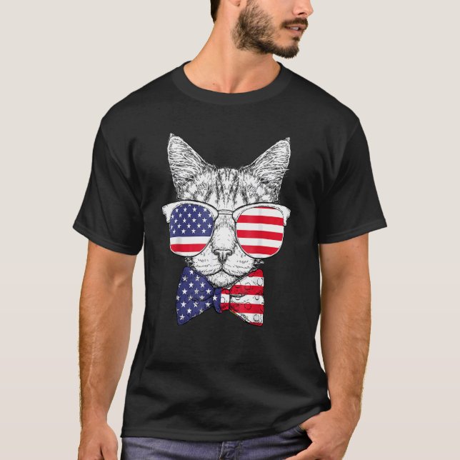 Cool Cat Wear Glasses American Flag Independence 4 T-Shirt (Front)
