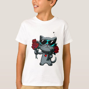 Cool Cat Wearing Glasses Holding Roses Black Stars T-Shirt