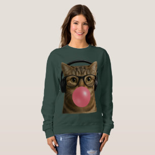 Cool Cat with Bubblegum and Headphones Sticker Sweatshirt
