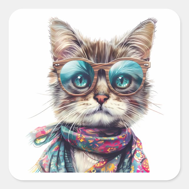 Cool Cat with Glasses Square Sticker (Front)