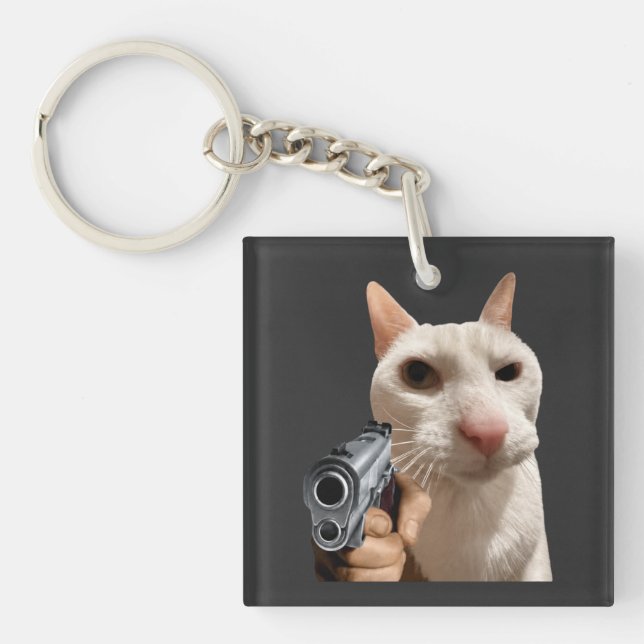 Cool  Cat With Gun Funny Meme  t-shirt Key Ring (Front)