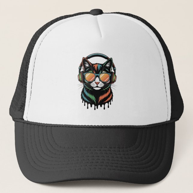 Cool Cat with Headphones and Sunglasses Trucker Hat (Front)