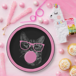 Cool Cat with Pink Glasses & Bubble Gum  Paper Plate