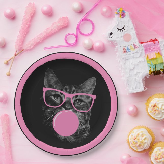 Cool Cat with Pink Glasses & Bubble Gum  Paper Plate (Party)