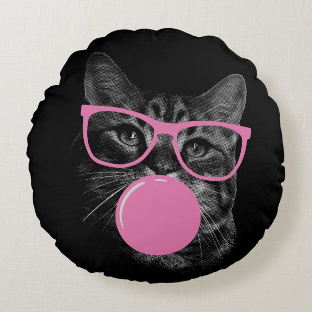 Cool Cat with Pink Glasses & Bubble Gum  Round Cushion (Front)