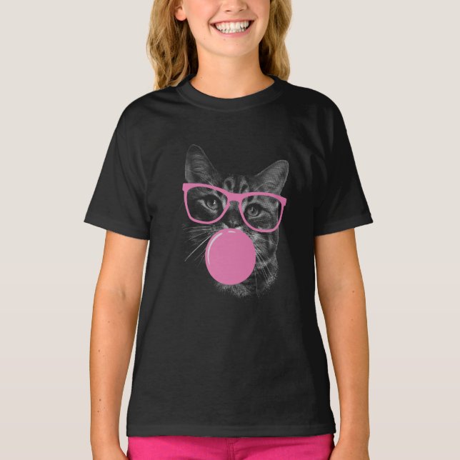 Cool Cat with Pink Glasses & Bubble Gum  T-Shirt (Front)