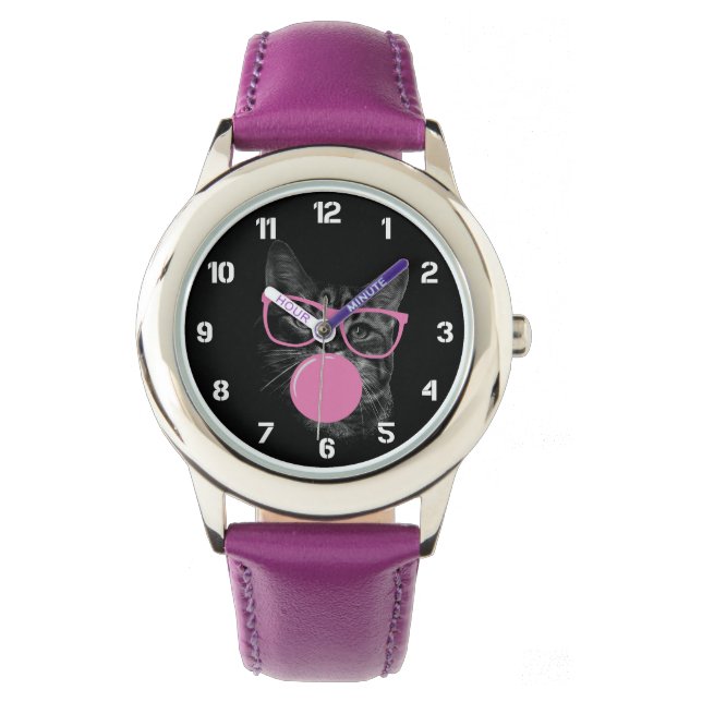 Cool Cat with Pink Glasses & Bubble Gum  Watch (Front)