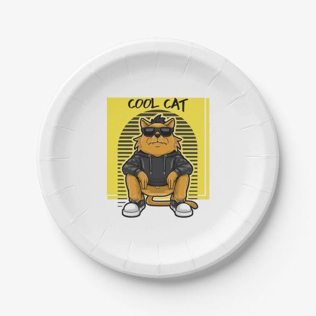 Cool cat with sunglasses and a sweater paper plate (Front)