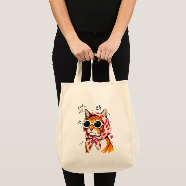 Cool Cat with Sunglasses & Polka Dot Headscarf Tote Bag (Front (Product))