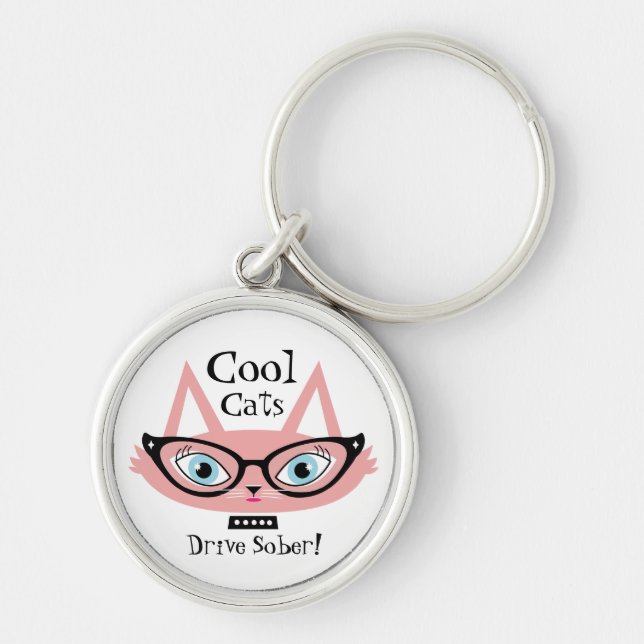Cool Cats Drive Sober Keychain Pink Retro Cat (Front)