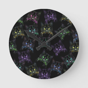 Cool Cats on Black! Multi-colored Cats Round Clock