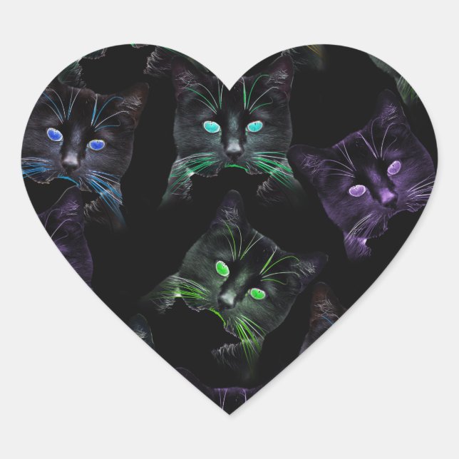 Cool Cats on Black! Multi-coloured Cats Heart Sticker (Front)