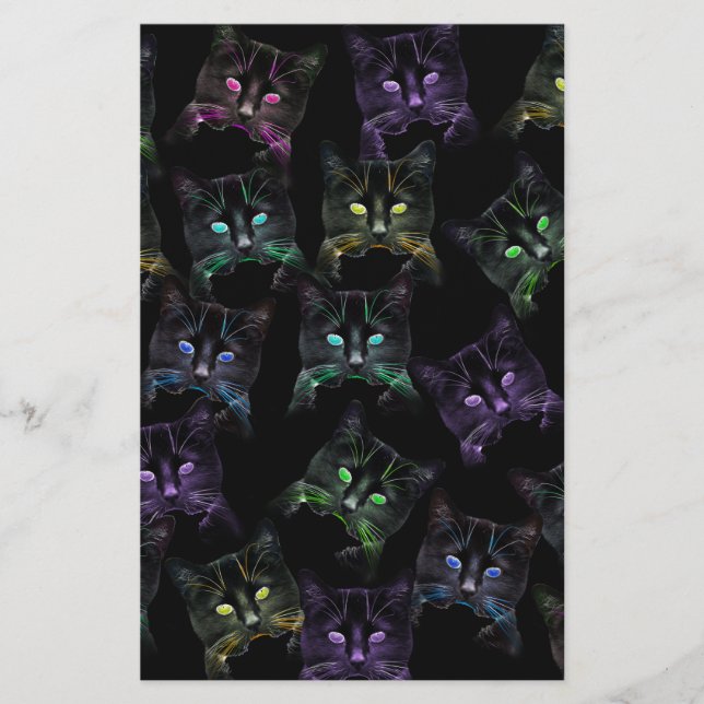 Cool Cats on Black! Multi-coloured Cats Stationery (Front)
