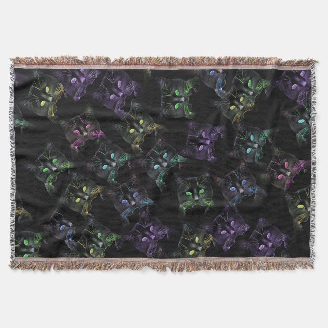 Cool Cats on Black! Multi-coloured Cats Throw Blanket (Front)