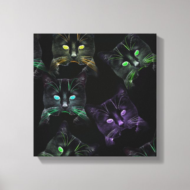 Cool Cats on Black! Multi-Coloured Funky Cats. Canvas Print (Front)