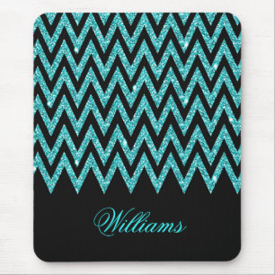 Cool chevron zigzag peacock blue faux glitter mouse pad